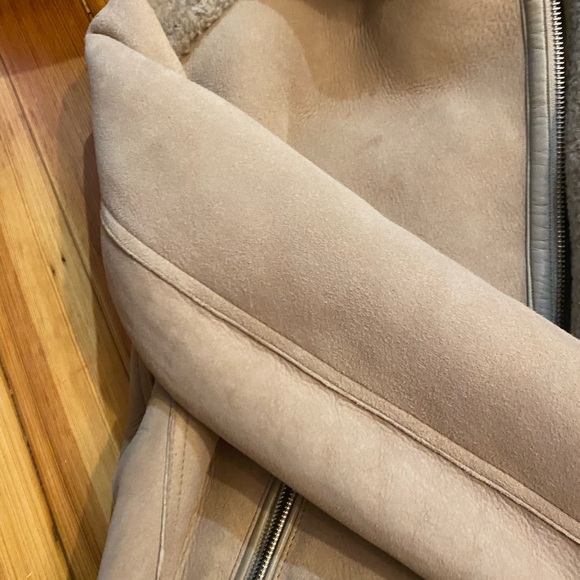 Maje Paris tan beige genuine shearling leather moto jacket coat winter